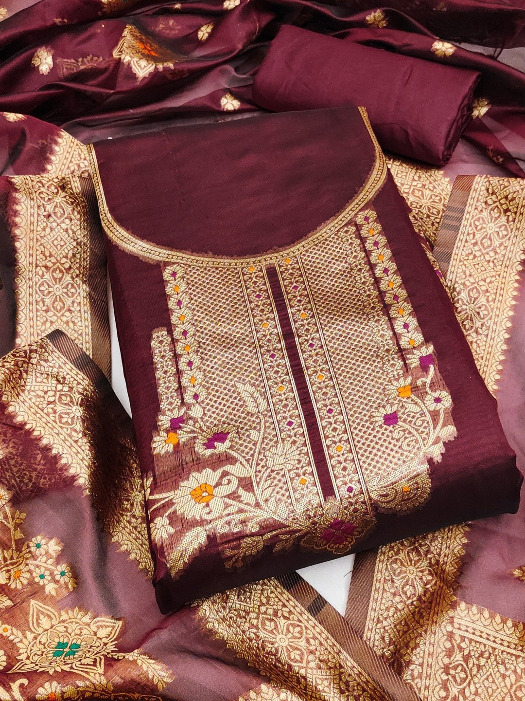 KALINI Woven Design Organza Unstitched Dress Material Dress Material