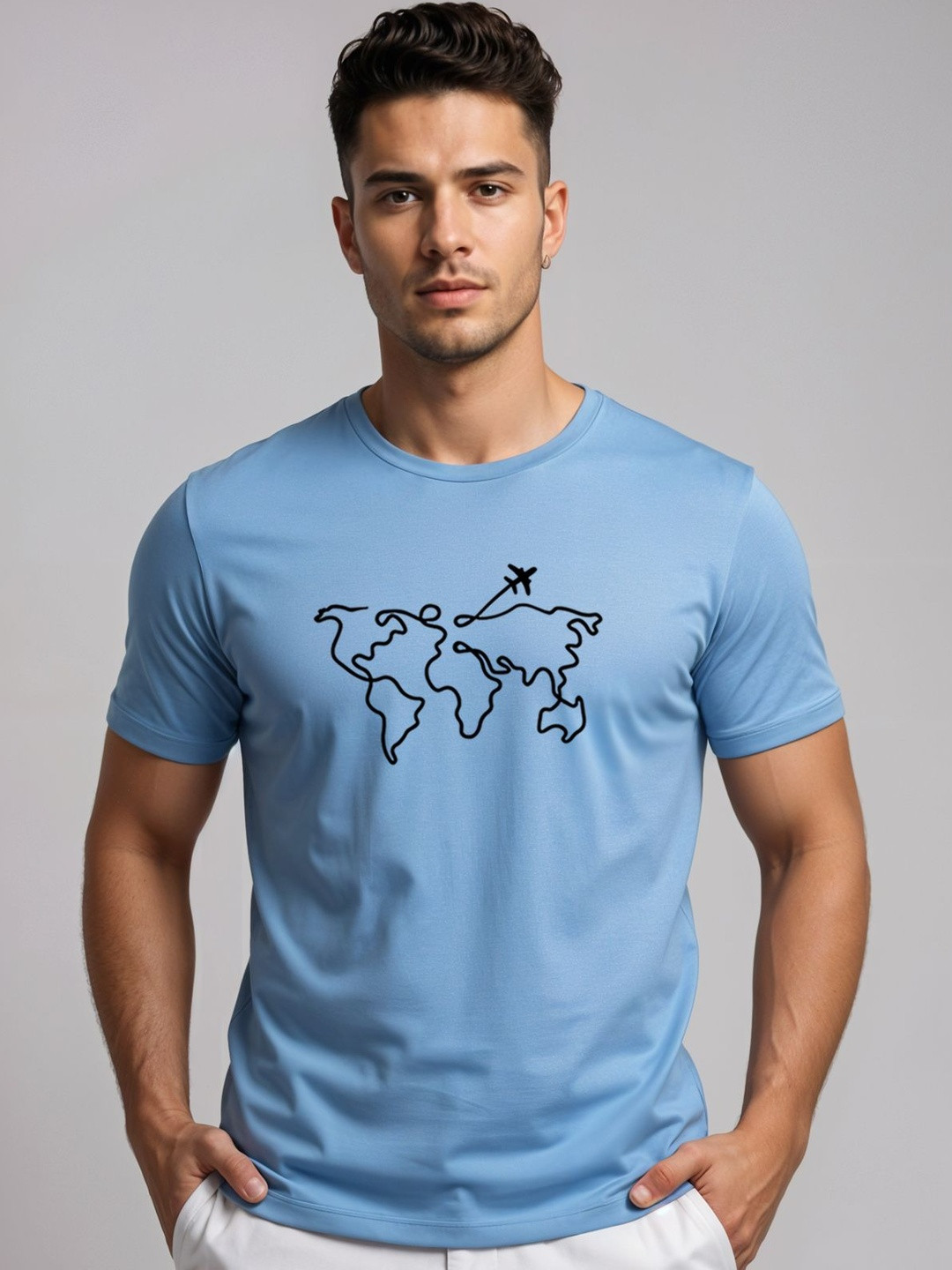 ADRO Wanderlust World Map Graphic Printed Round Neck Skin-Friendly Regular Fit T-shirt