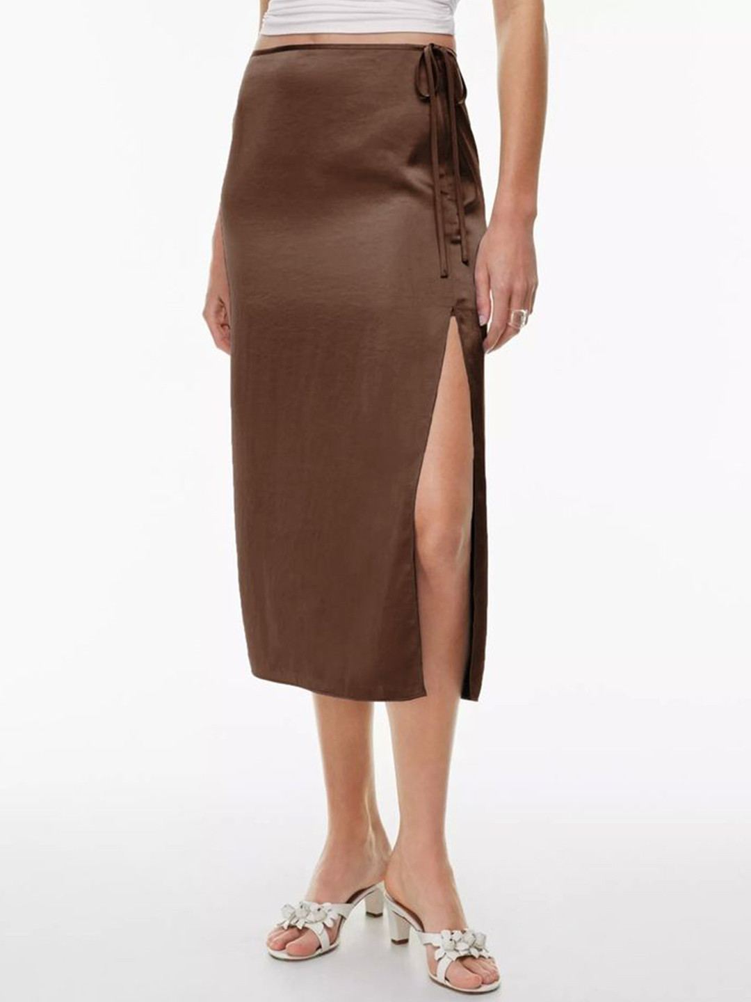 LULU & SKY Women High-Rise Pencil Side-Slit Tie-Ups Midi Skirt