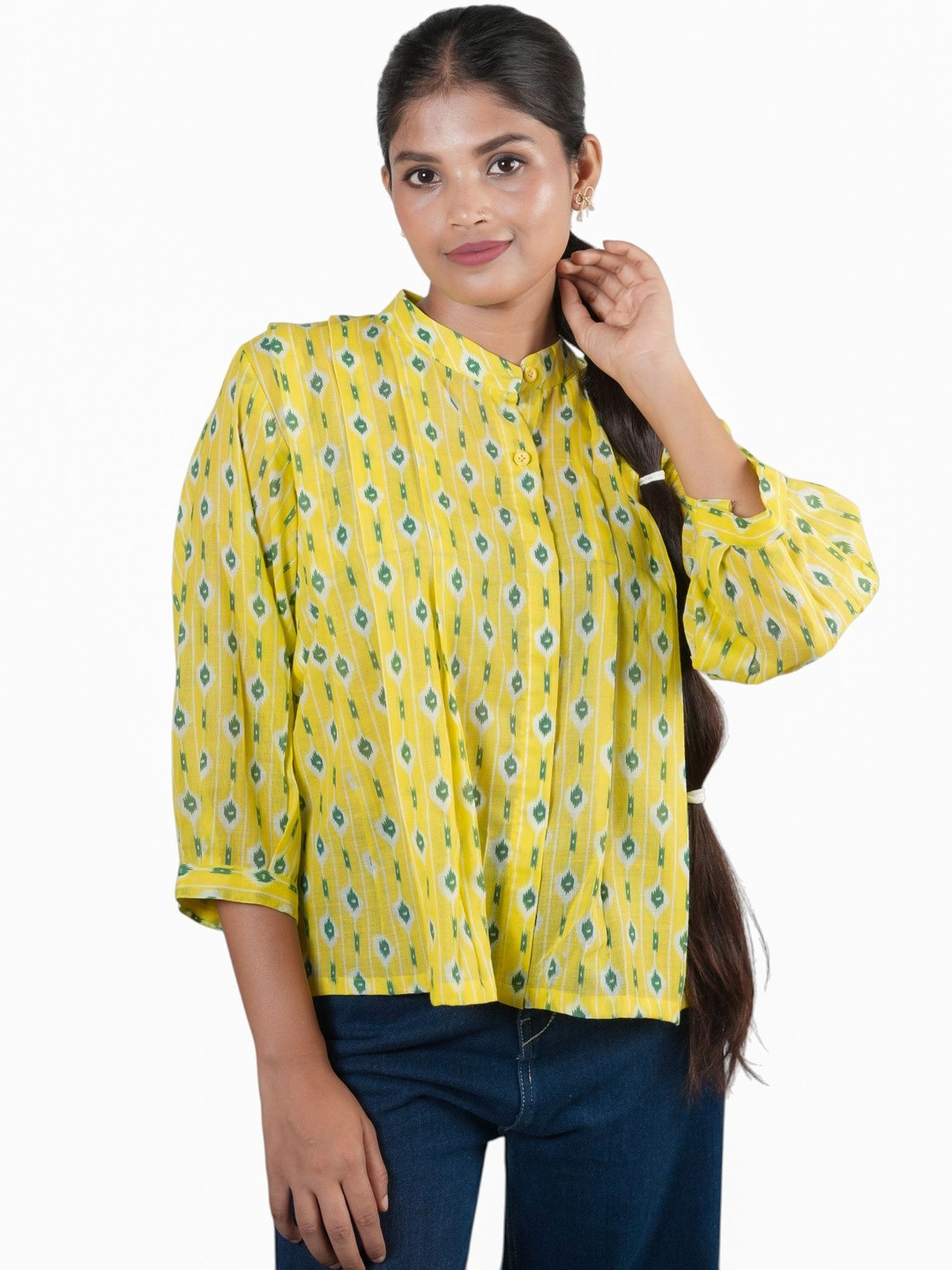 PALL&WE Ikat Printed Mandarin Collar Gathered or Pleated Cotton Top