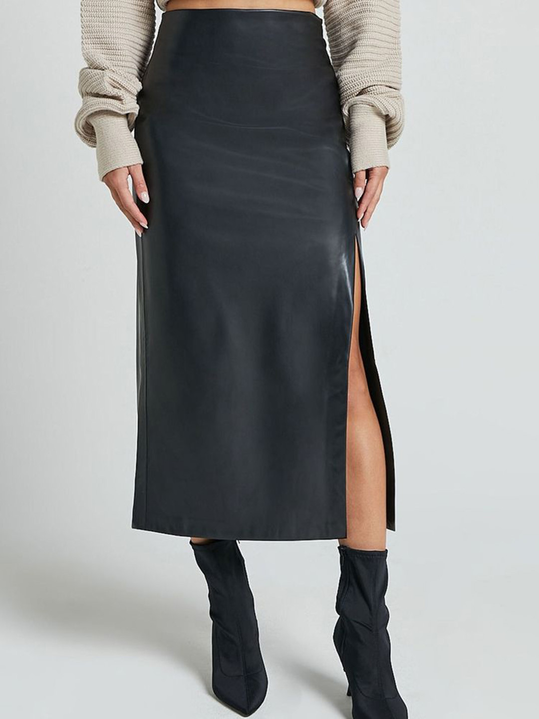 LULU & SKY Women High-Rise Side-Slit Leather A-Line Midi Skirt