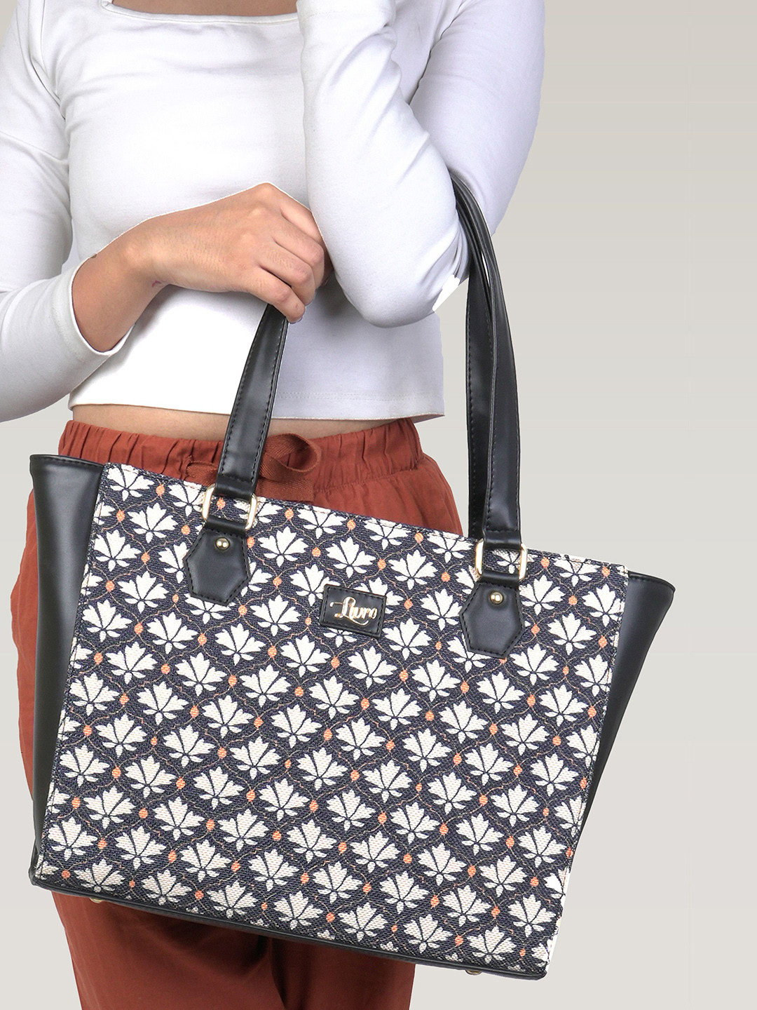 LIVRO Floral Printed Shopper Jute Tote Bag With Cut Work & With Detachable Strap