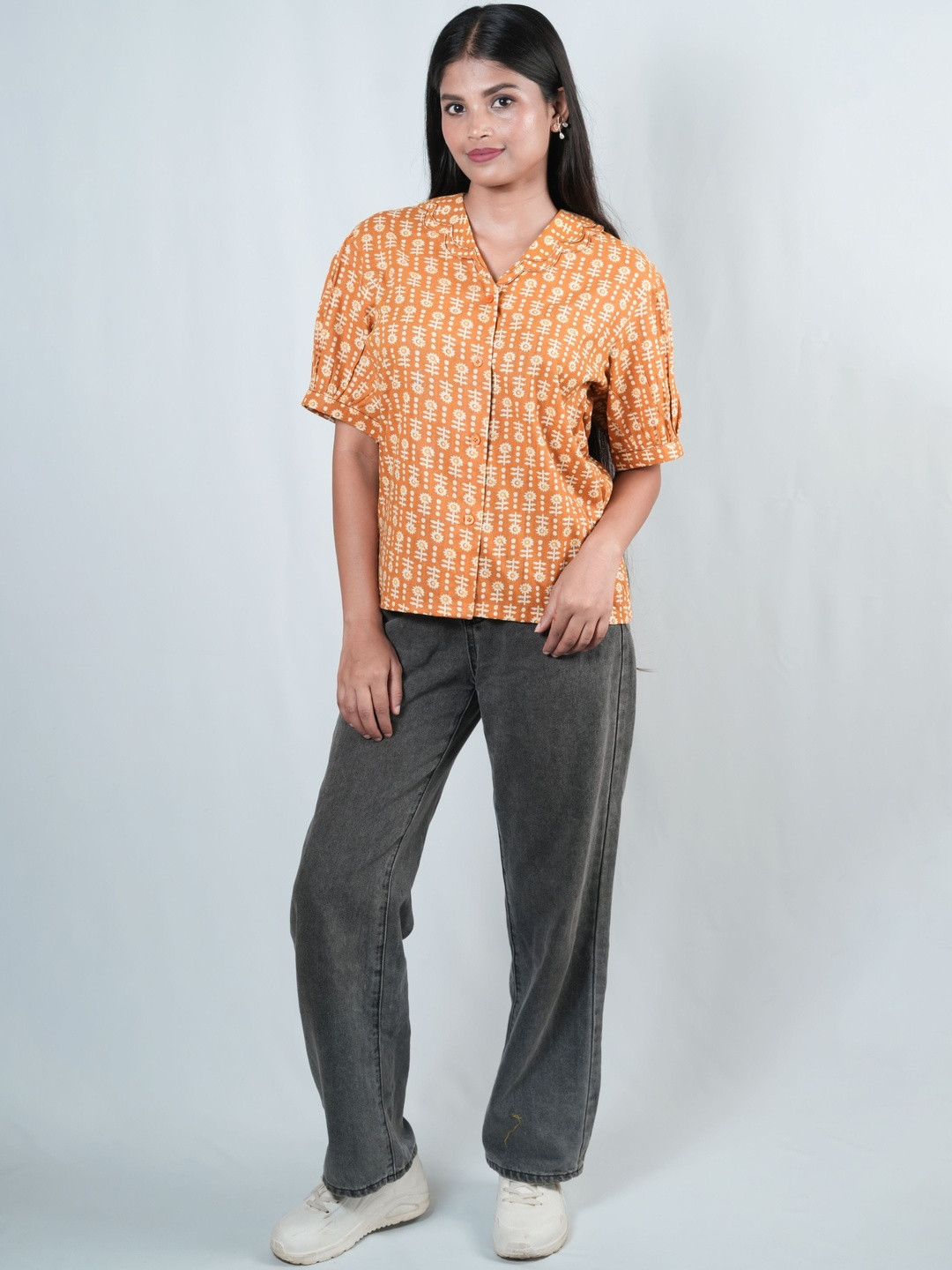 PALL&WE Women Printed Puff Sleeves Cotton Shirt Style Top