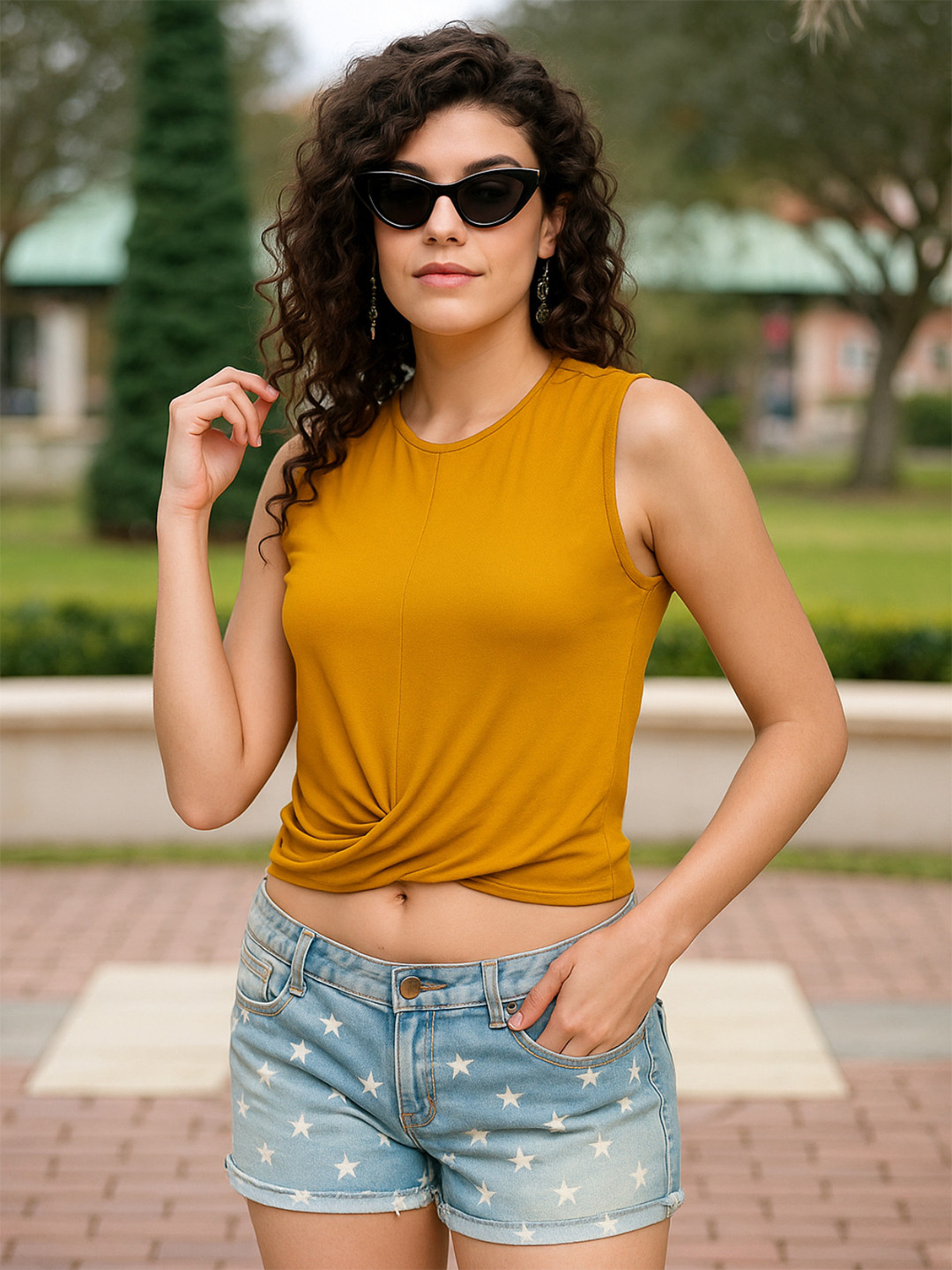 Martini Women Mustard Yellow Solid Twisted Crop Top