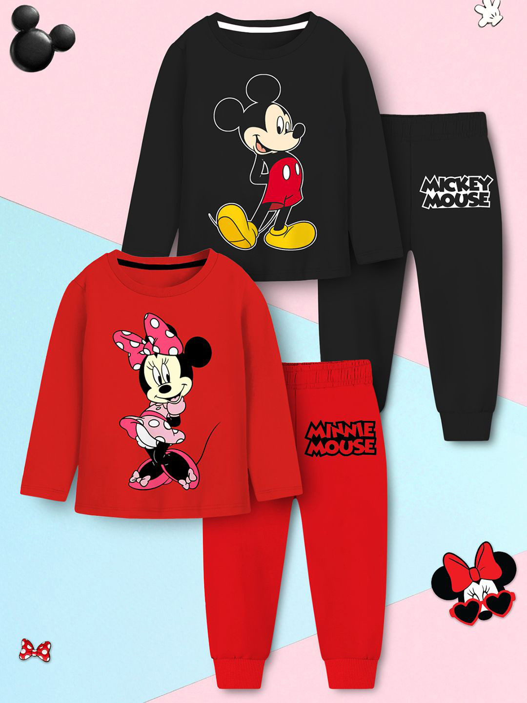 YK Disney Kids Pack Of 2 Mickey & Minnie Printed T-shirt and Pyjama Night Suit