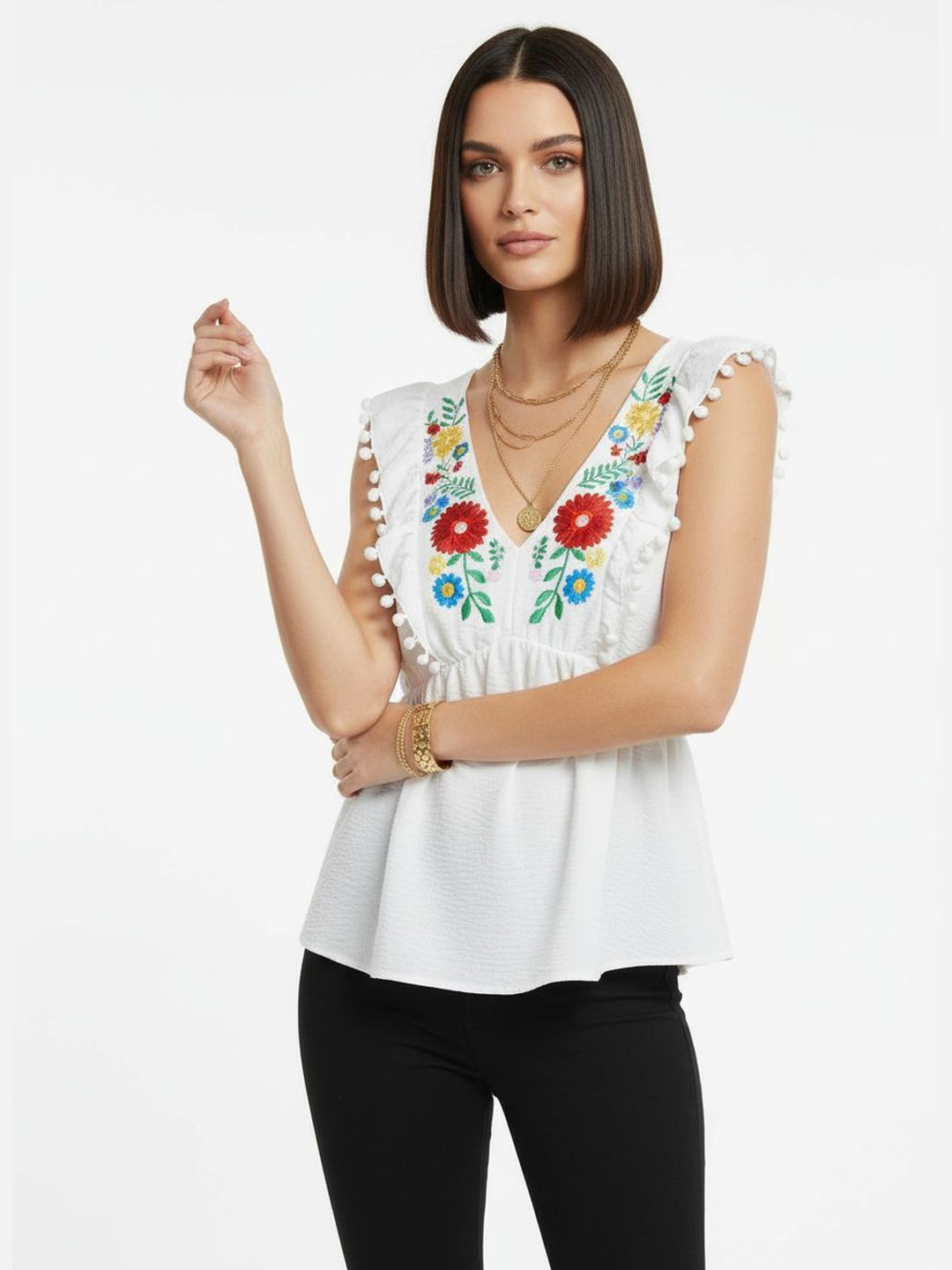 DressBerry Floral Embroidered Flutter Sleeve Ruffles Top