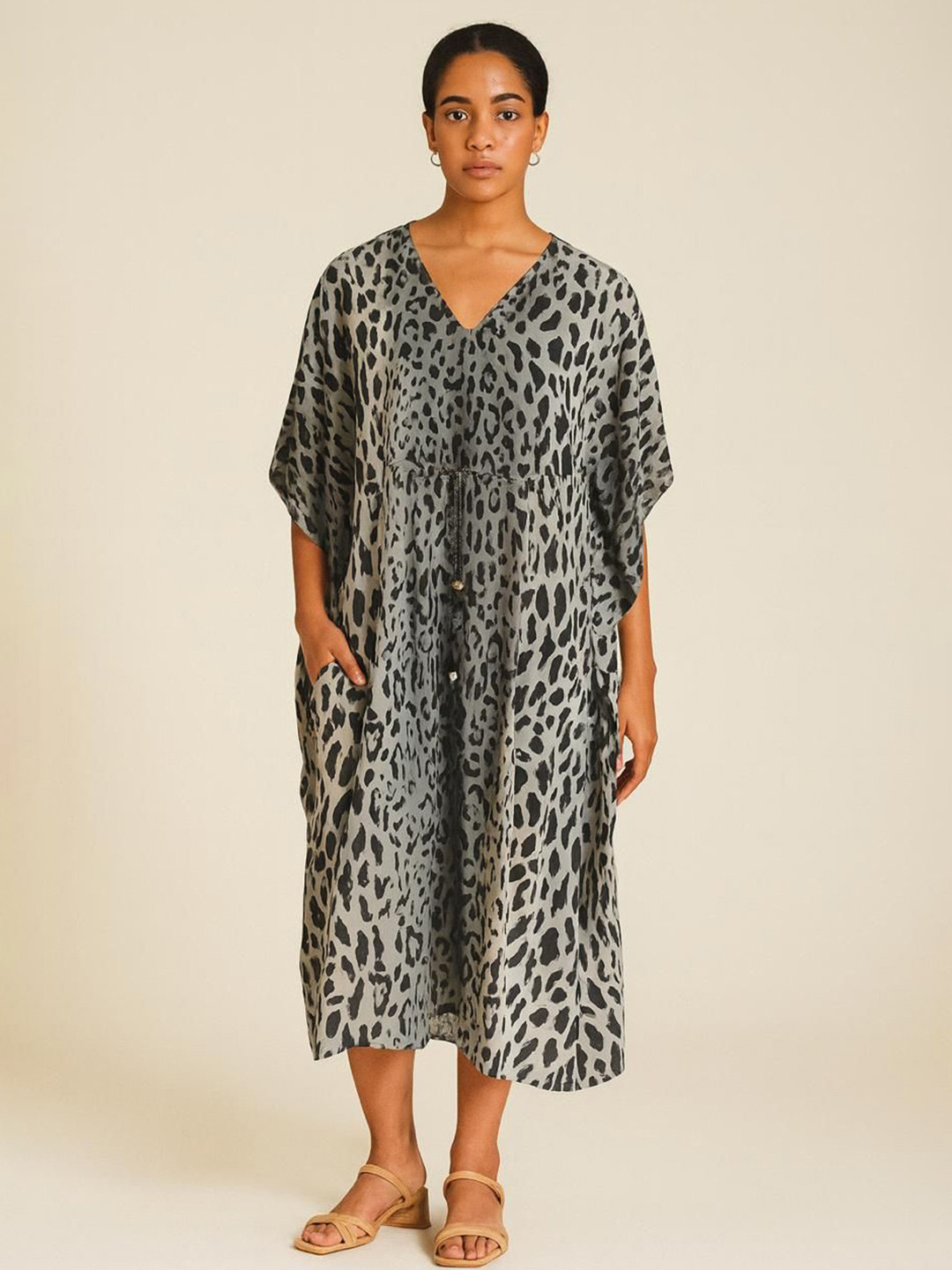 DESIGN ELEMENTS Women Animal Print Kimono Sleeves Kaftan Midi Dress