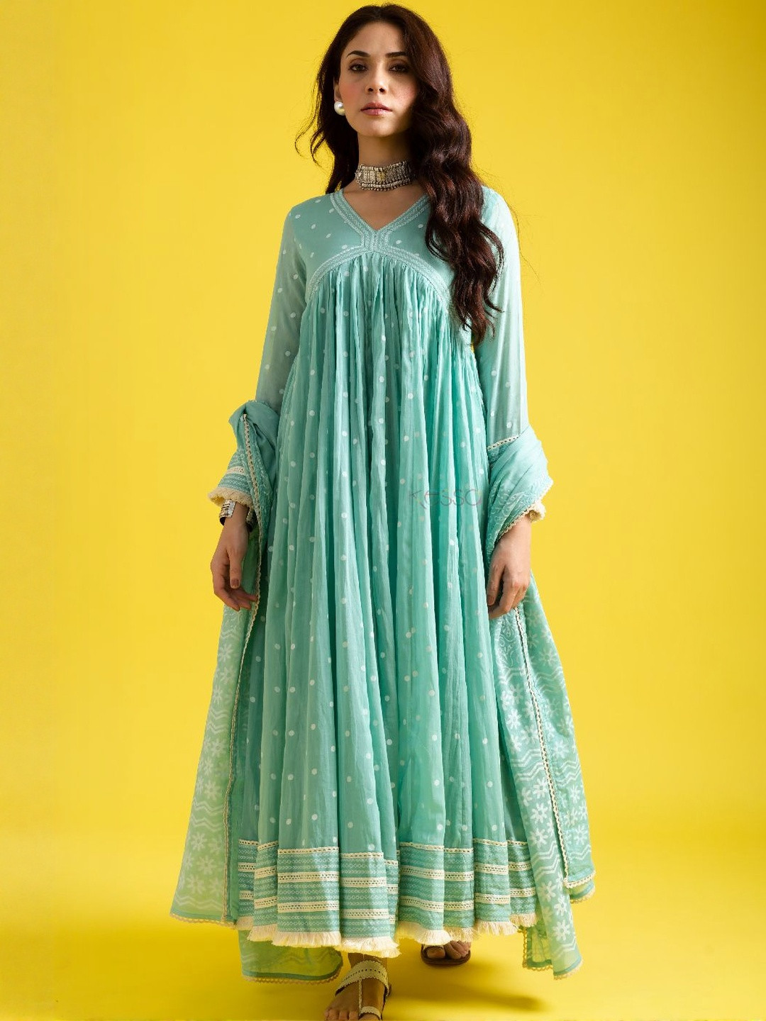 KUSVAA Women Khadi Printed Gotta Patti Chanderi Silk Kurta with Trouser & Dupatta