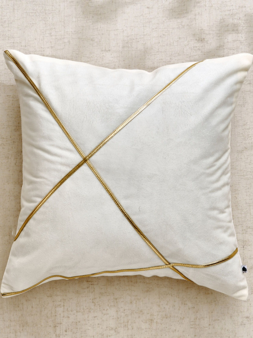 Home Centre Glimmer Luxe Velluxe Off White & Gold-Toned Velvet Square Cushion Cover