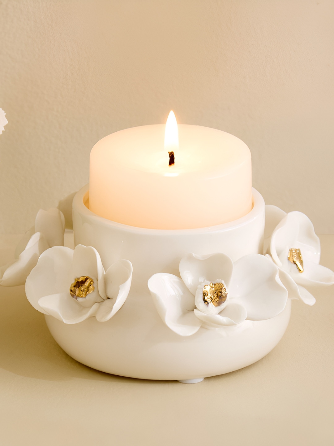 Home Centre Alchemy White & Gold-Toned Floral Ceramic Candle Holder