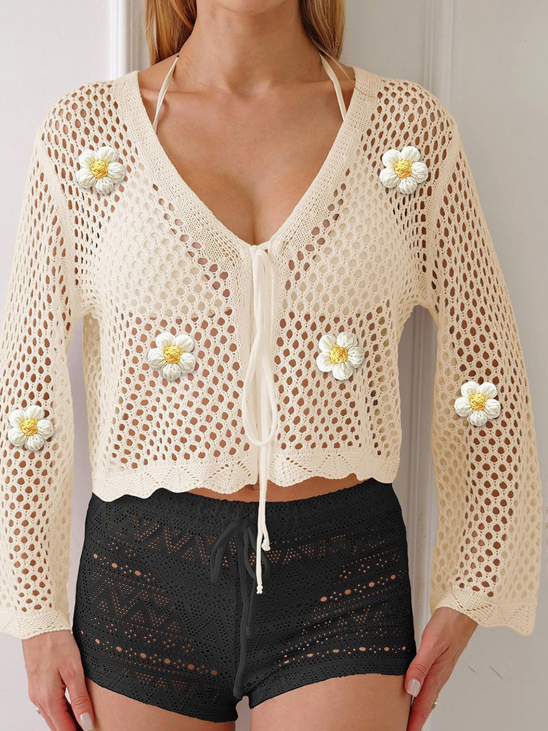 JC Mode Self-Designed V-Neck Tie Up Cropped Swimwear Cover Up Top