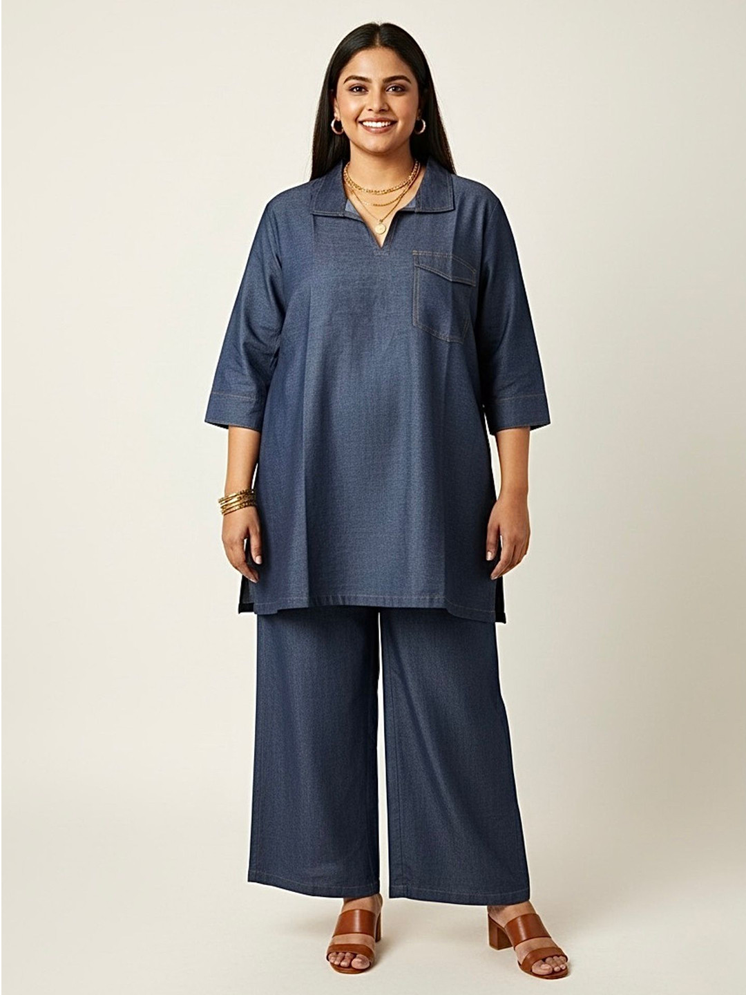 TRUE SISTERS V-Neck Three-Quarter Sleeves Top With Wide Leg Trousers