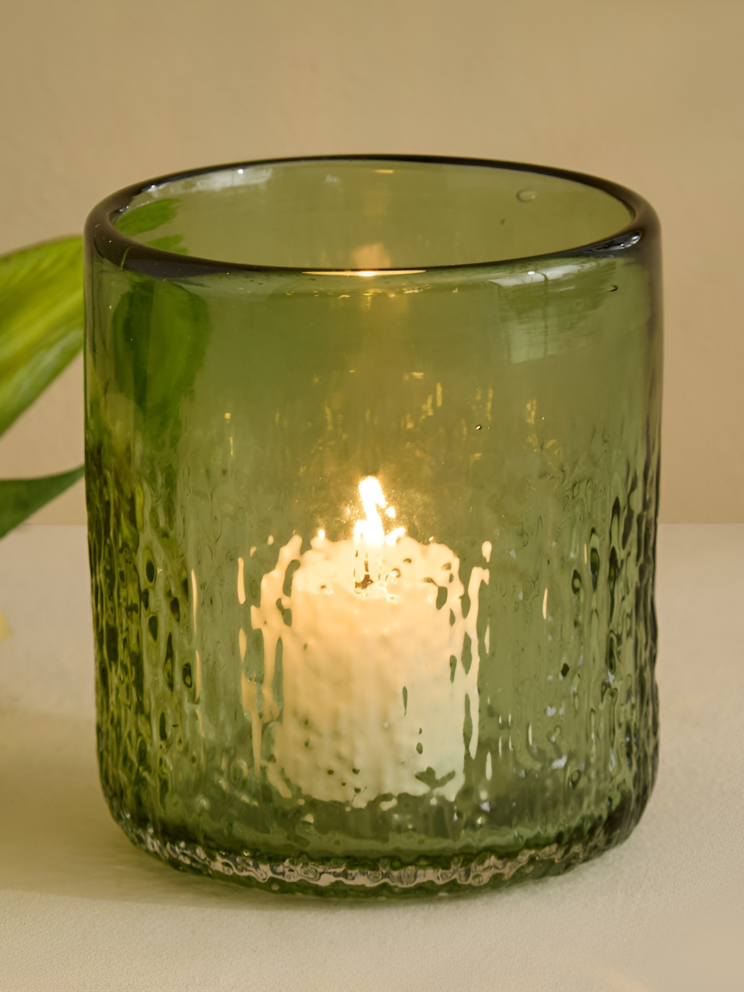 Home Centre Botanica Flufois Olive Green Textured Glass Candle Holder