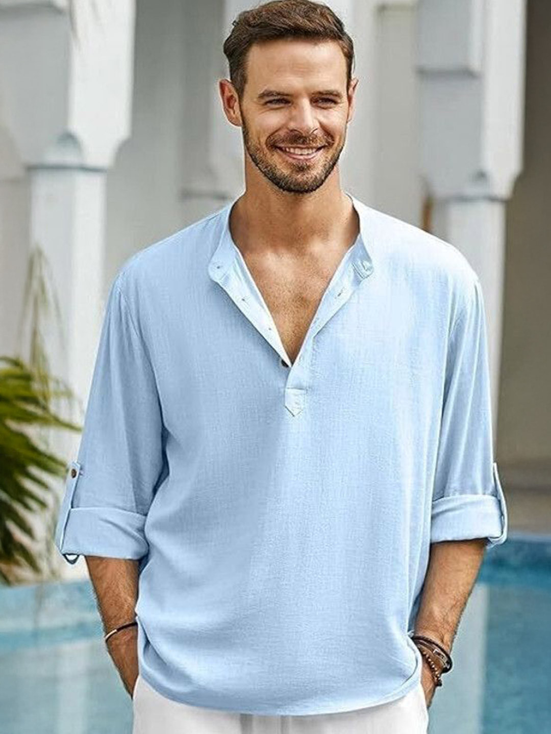 AMRIT TOP WEAR Men Roll-Up Sleeves Band Collar A-Line Kurta