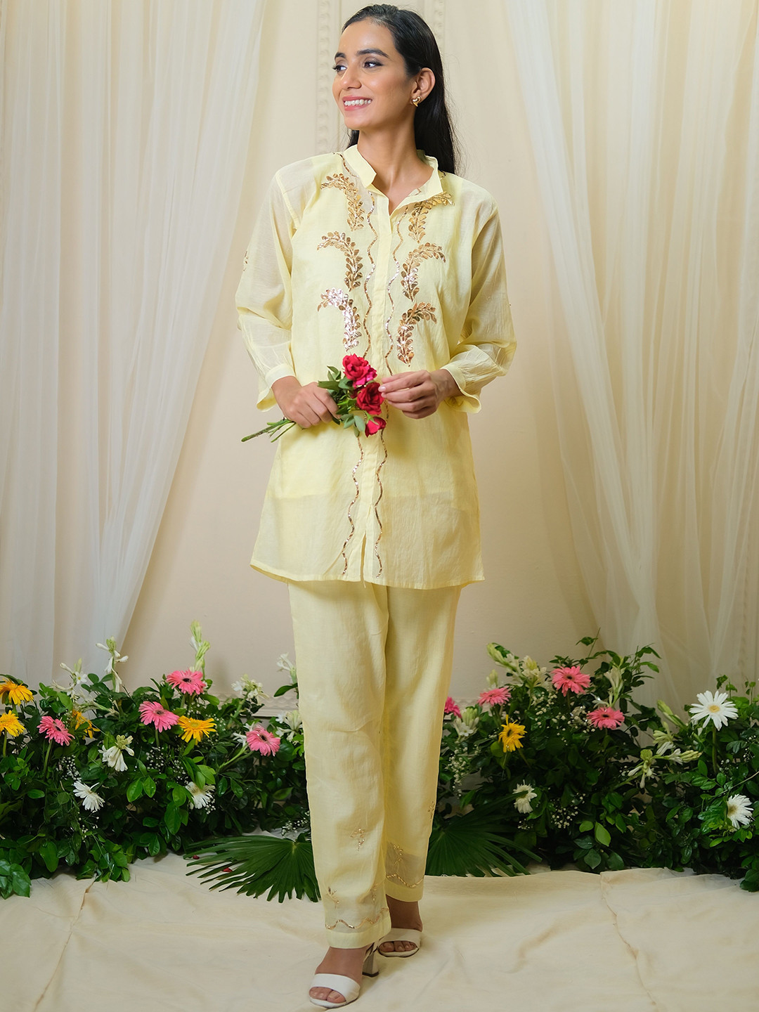Undyed Embroidered Mandarin Collar Tunic With Trousers And Waistcoat