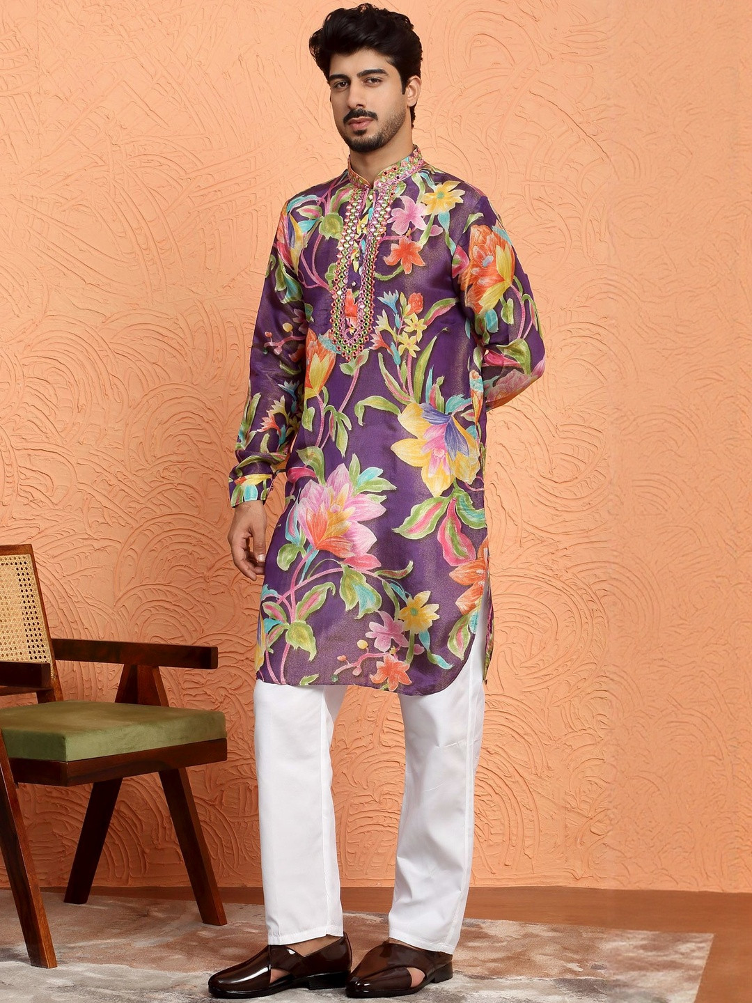 KRAFT INDIA LUXE Men Floral Printed Regular Mirror Work Kurta with Trousers