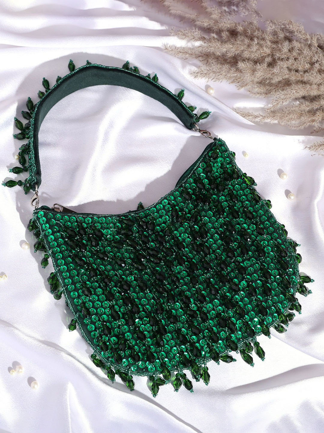 MYBWO Women Embellished Sequin Zipper Half Moon Clutch Bag