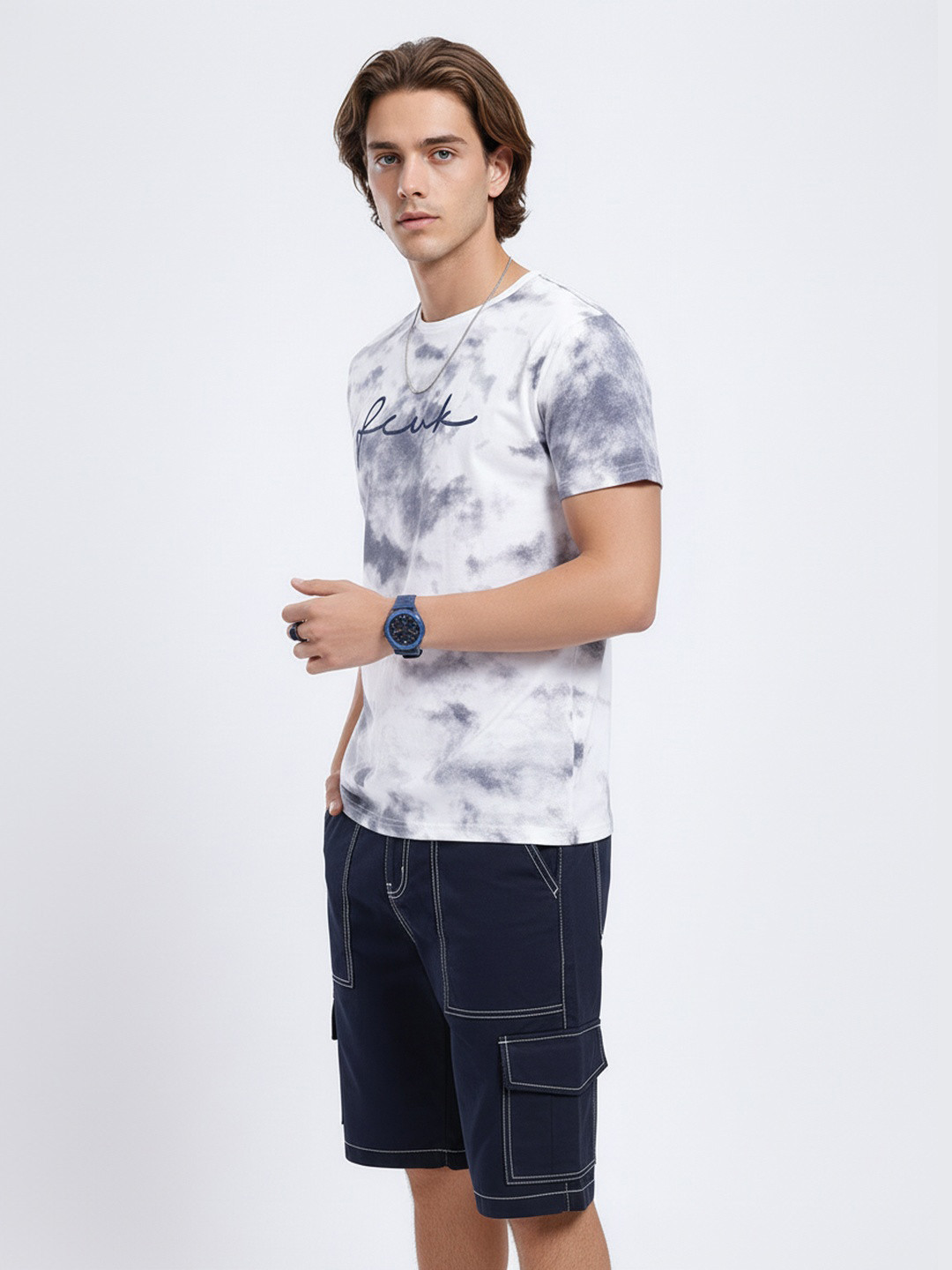 FCUK Brand Logo Embroidered Tie-Dyed Casual T-shirt