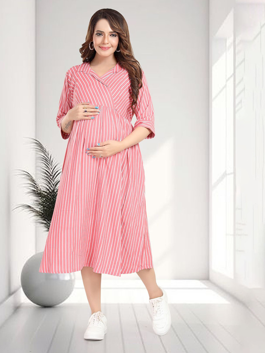 MomsBae Women Striped Cross Over Feeding Cotton Fit and Flare Midi Dress
