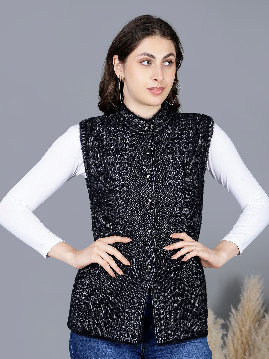 Chatanya Women Ethnic Motif Self Design Button Detail Woollen Cardigan