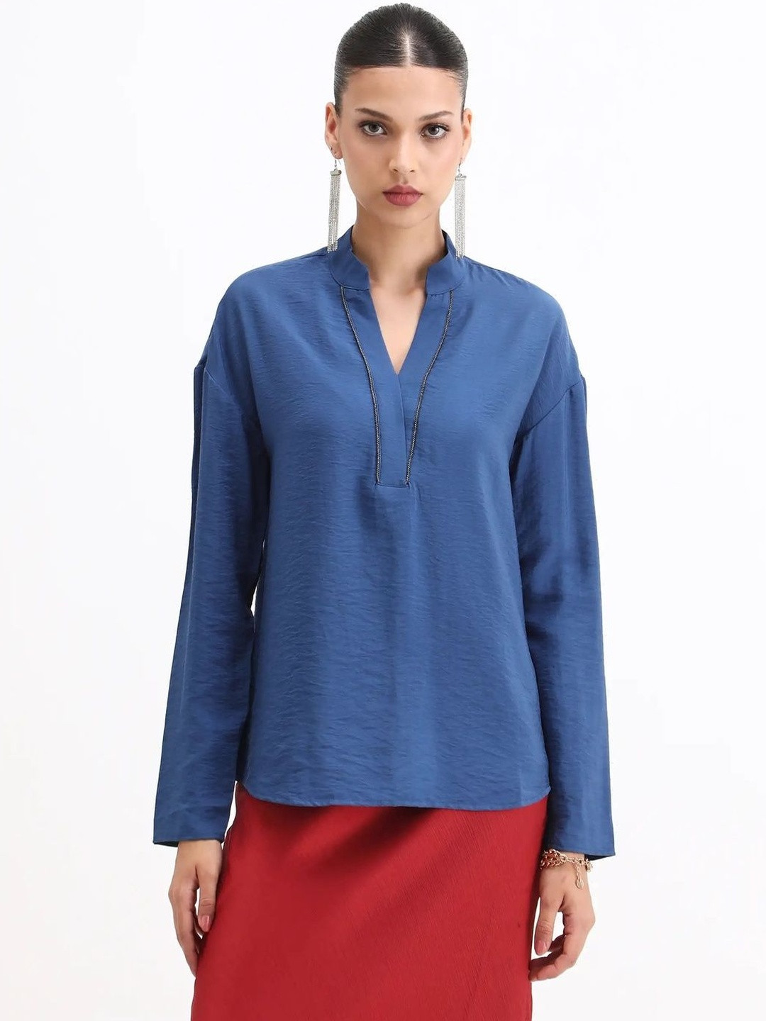 RAREISM Nuzif Women Mandarin Collar Cotton Top