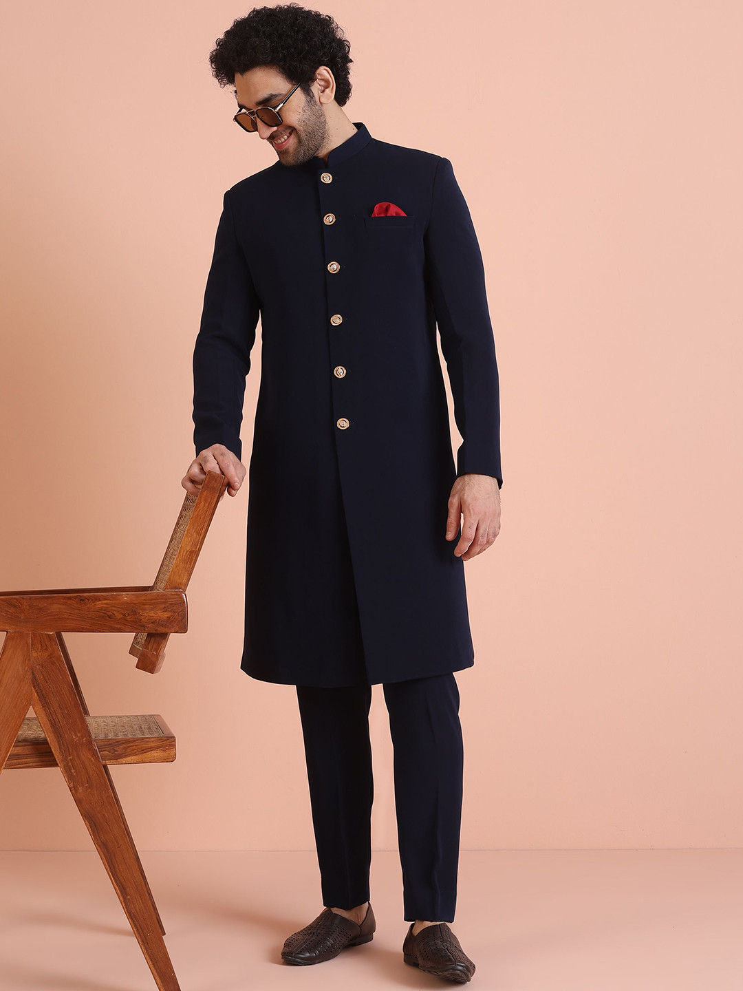 KISAH Men Navy Blue Indo Western Sherwani Trouser Set