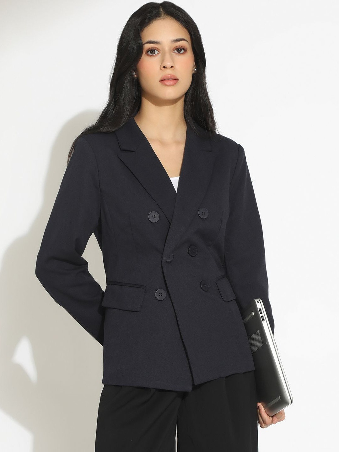SHOWOFF Women Navy Blue Double-Breasted Blazer with Shoulder Pads