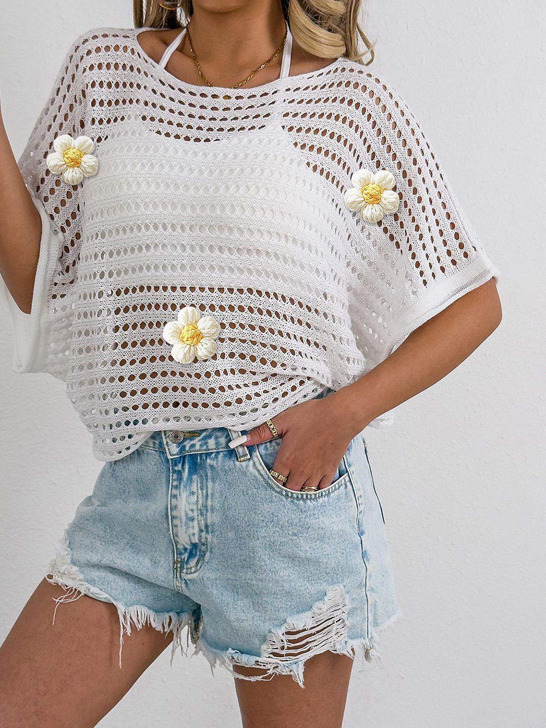 JC Mode Women Floral Batwing Sleeve Crochet Top