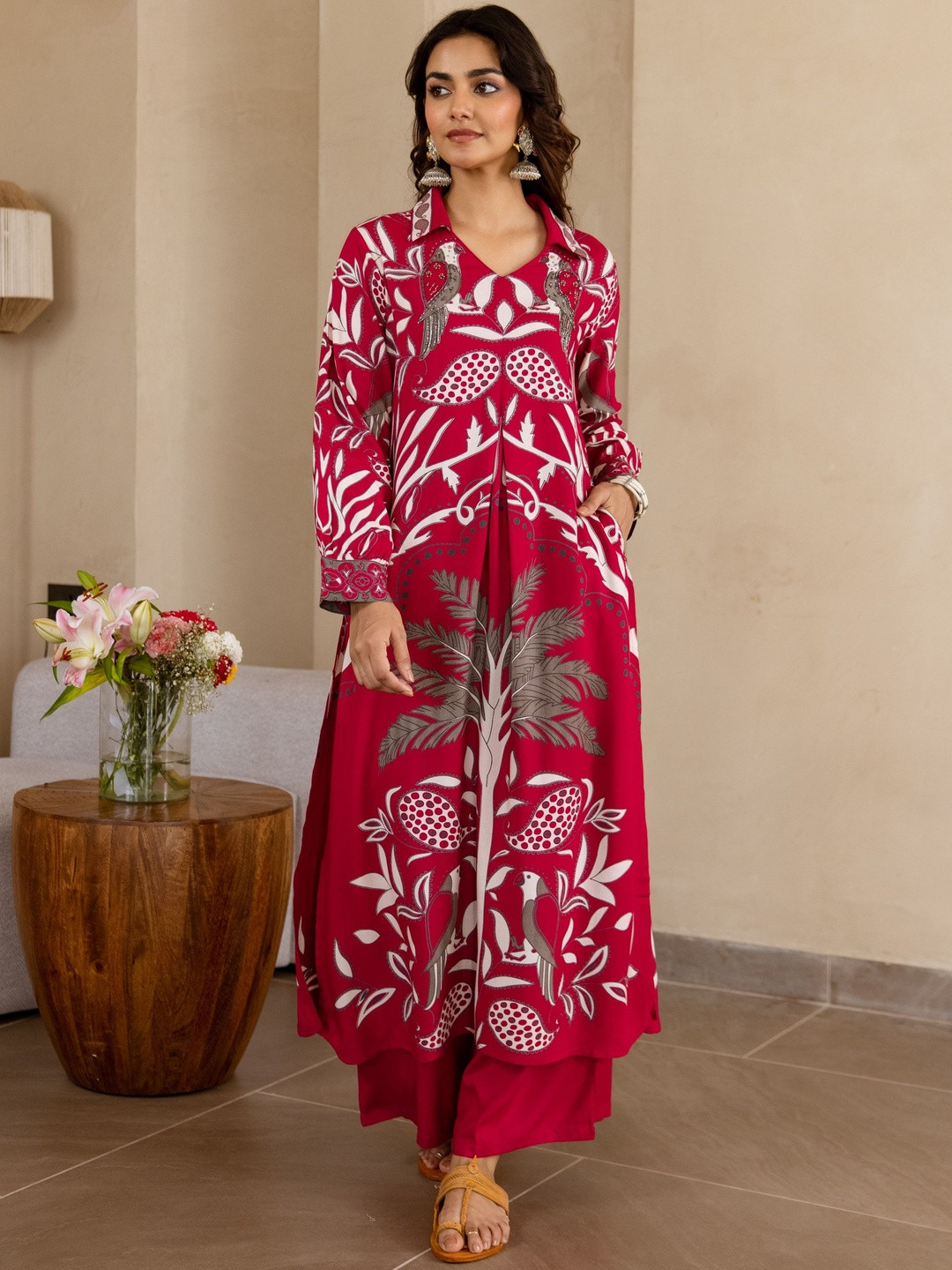 Sangria Women Rani Pink Printed German Rayon Kurta & Palazzo Set