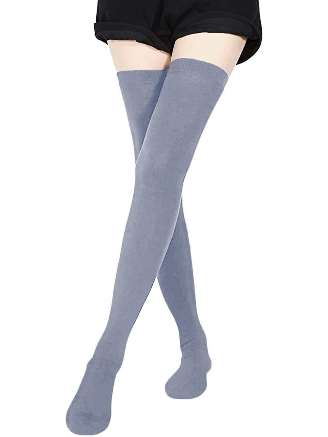 MUKHAKSH Women Pack of 3 Grey Cotton Thigh High Stocking Socks
