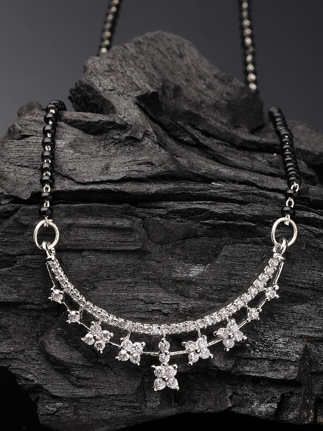 ADIVA Silver-Plated Cubic Zirconia Studded & Beaded Mangalsutra