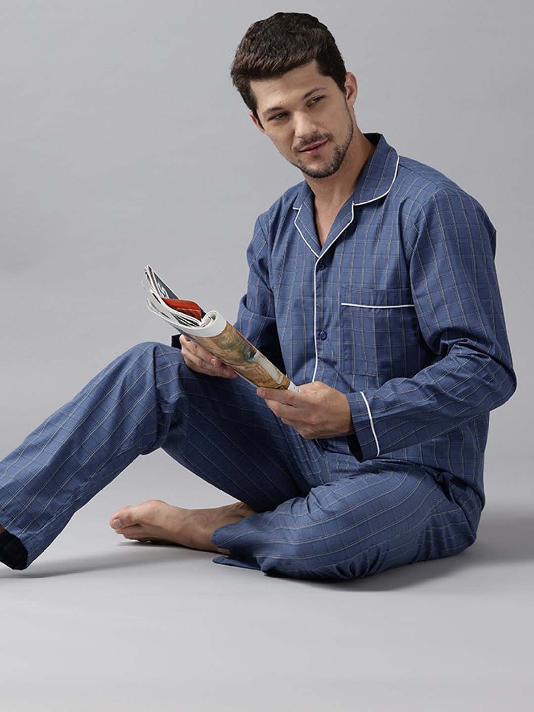 English Navy Checked Lapel Collar Relaxed Fit Night suit