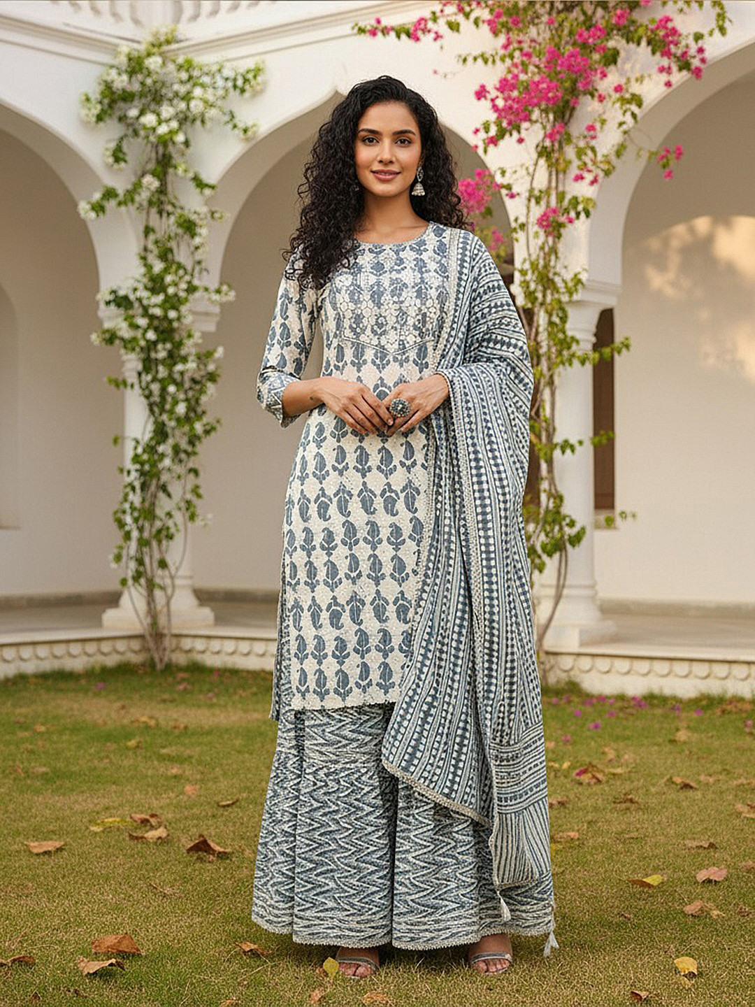 AHIKA Off White Paisley Printed Pure Cotton Kurta with Sharara & Dupatta