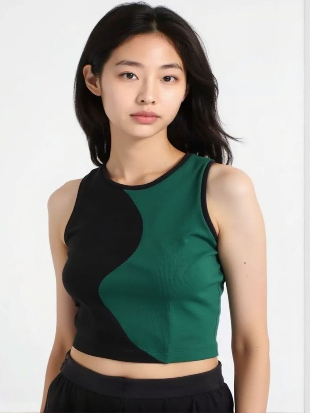 Mismatchd Women Dual-Tone Wave Round Neck Sleeveless Crop Top