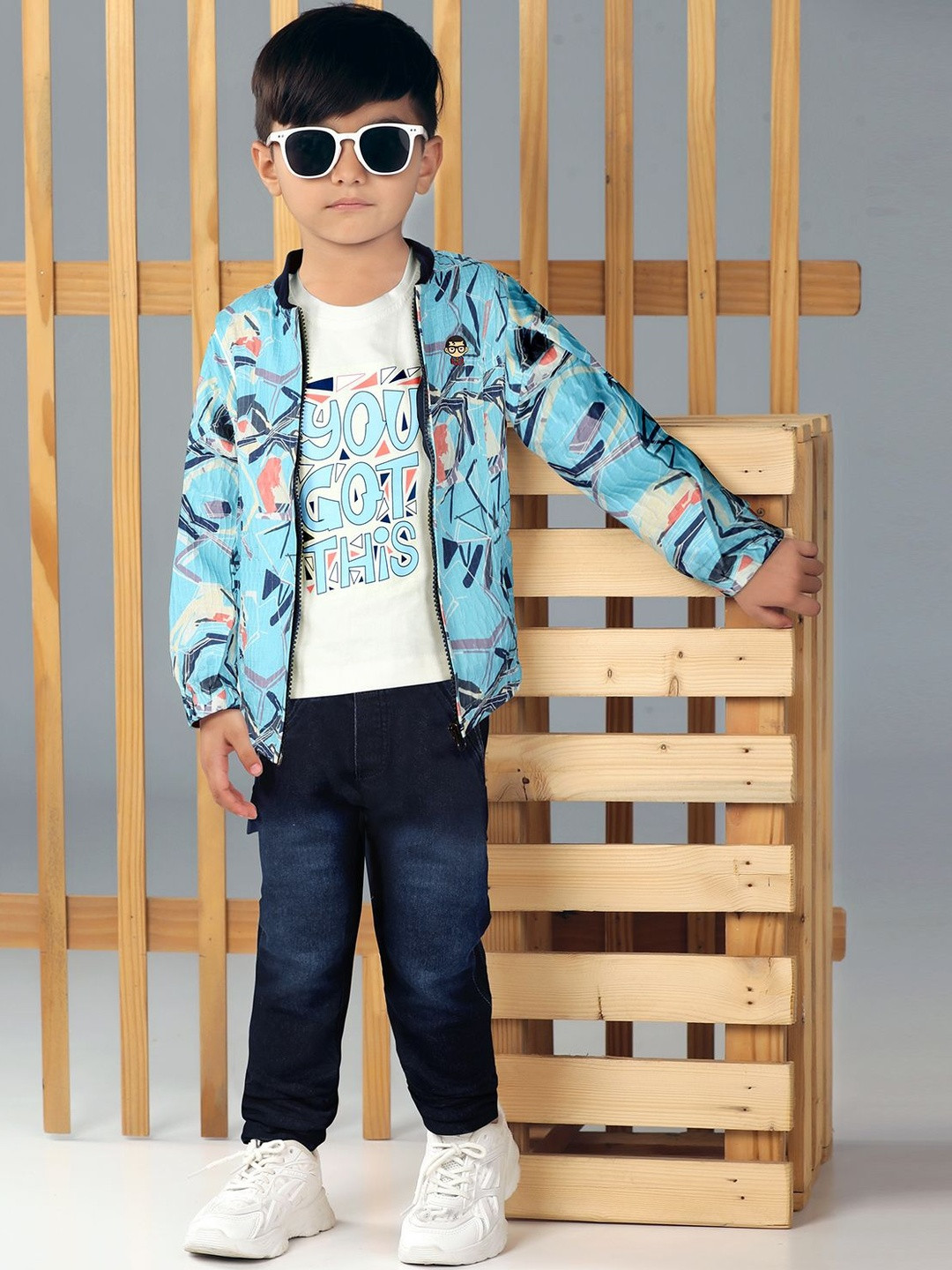 Bad Boys Boys Blue & White Printed Cotton Blend T-Shirt & Mandarin Collar Jacket & Joggers