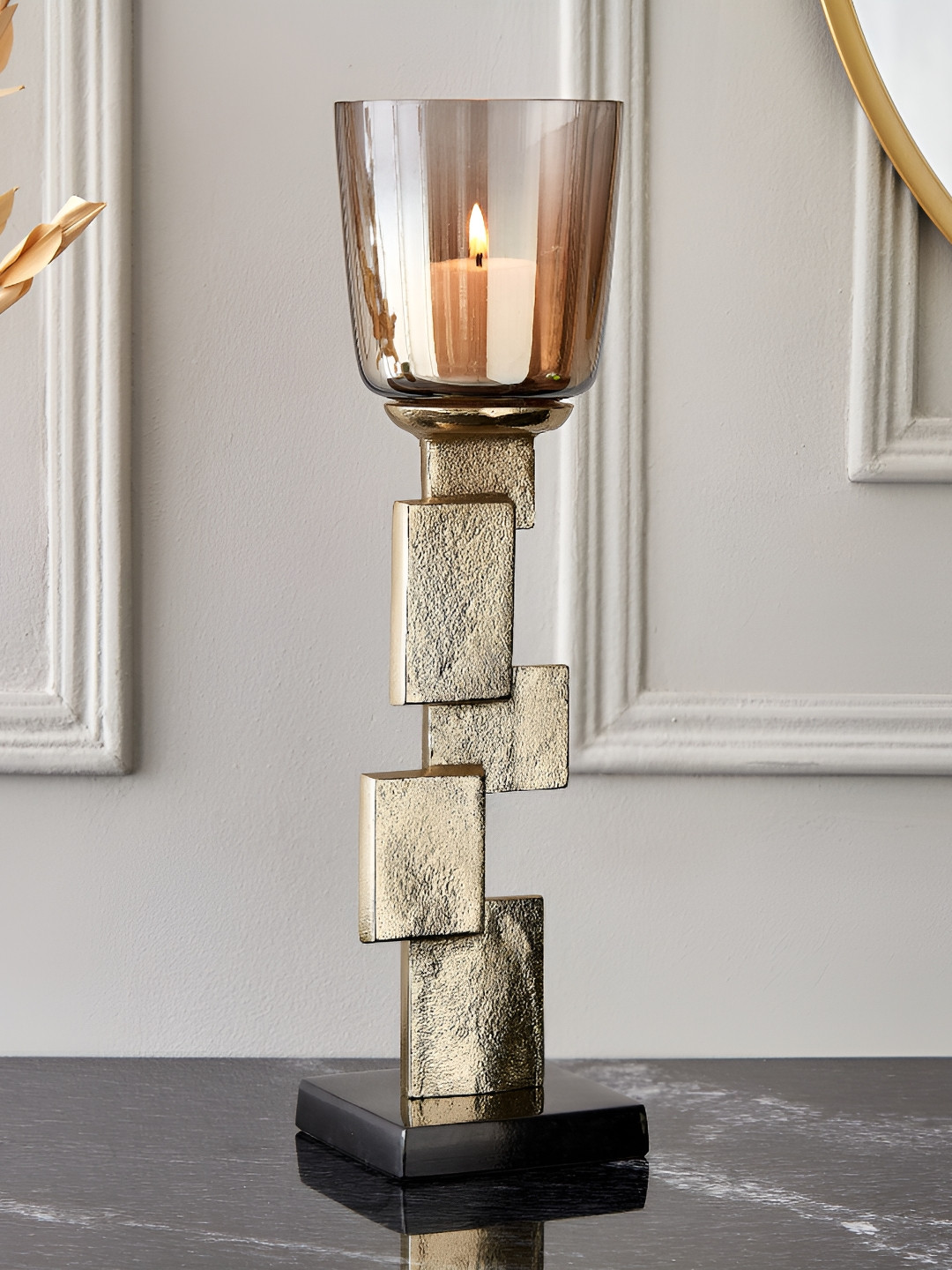 Home Centre Brim Royale Blocks Gold-Toned & Brown Glass Candle Holder