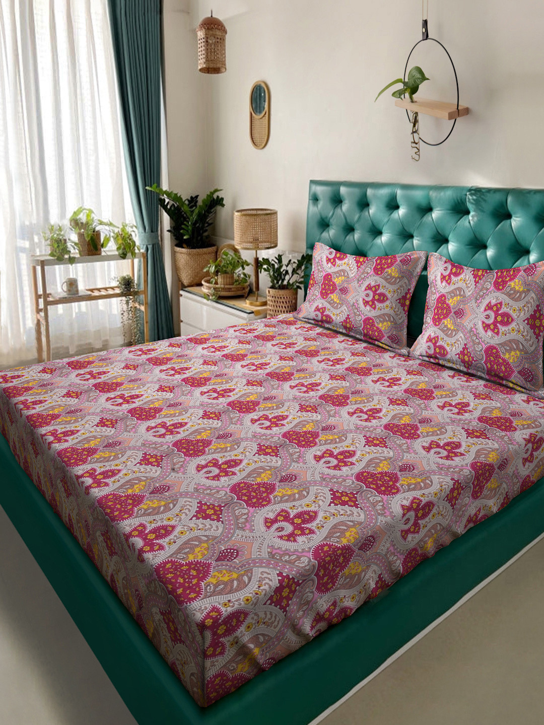 Myntra Elegant Homes Book Fold Red Printed 300 TC Fitted King Bedsheet Set 2.5m x 2.25m
