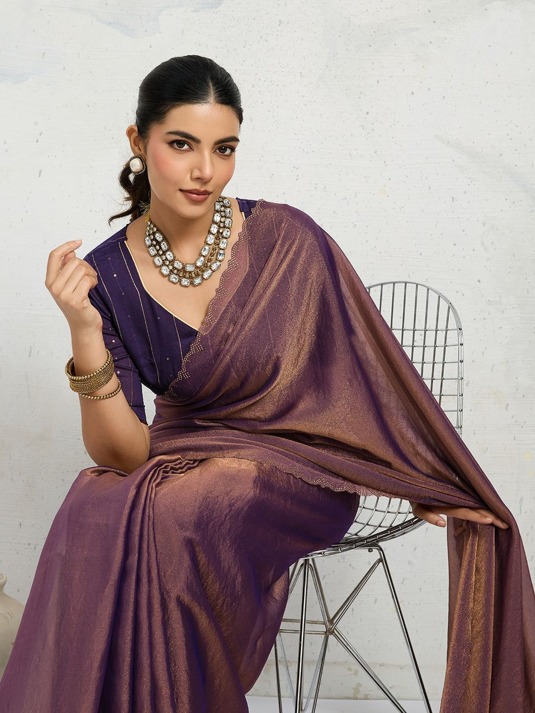 100 Dreams Solid Beads and Stones Pure Crepe Saree With Embellished Border