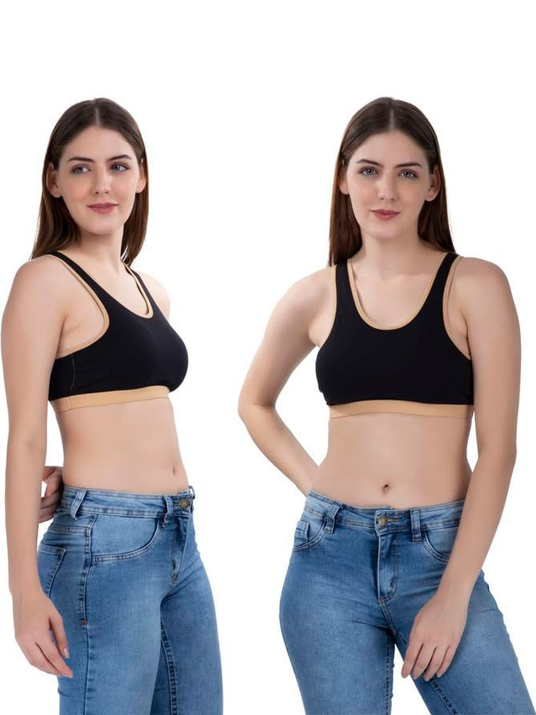 FEMULA Women Set Of 2 Stretch Cotton Black Sports Vest Gym Bra for Beginners