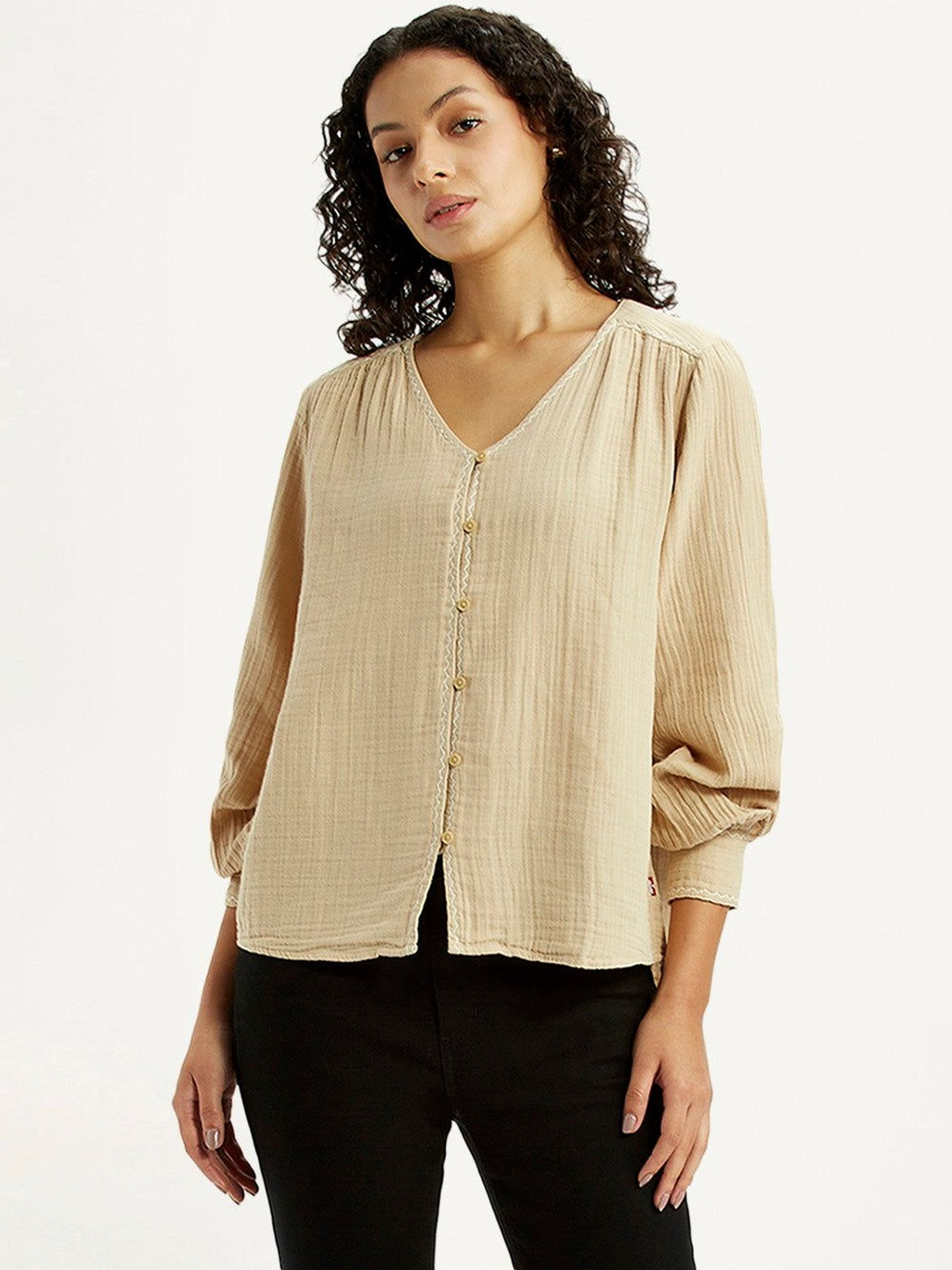 Levis Women V-Neck Textured Shirt Style Top