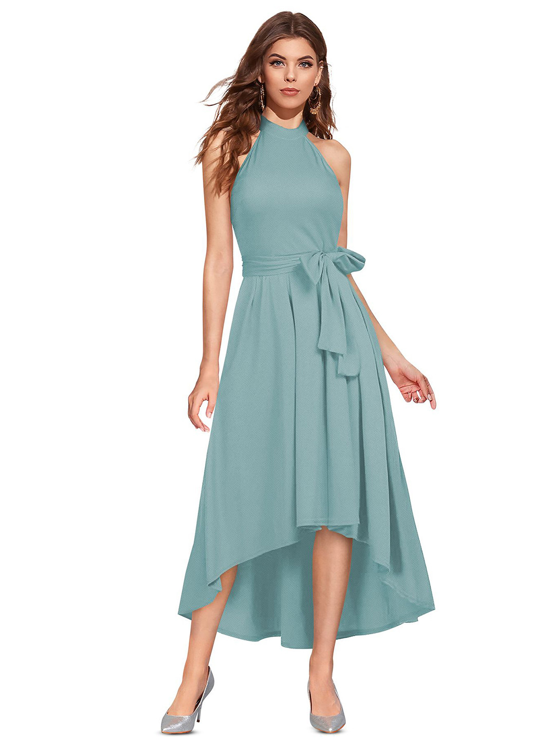 STYLENZA Halter Neck Sleeveless High-Low hem Fit & Flare Dress with Belt