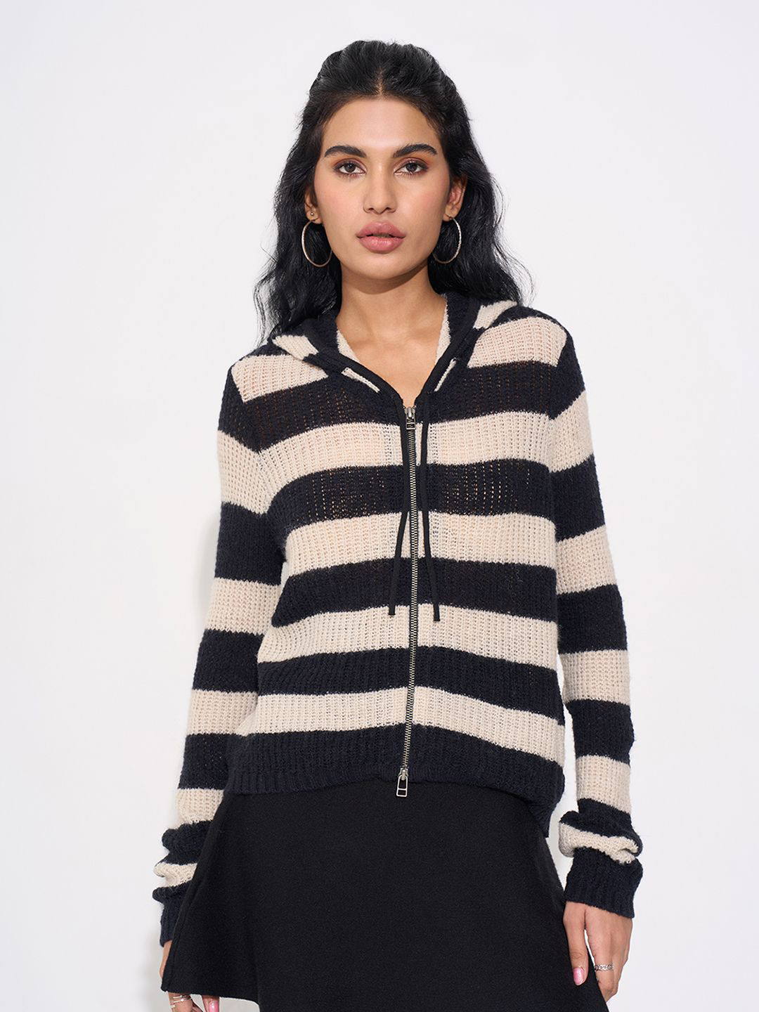 SF JEANS by Pantaloons Women Striped Hood Long Sleeves Front-Open Sweaters