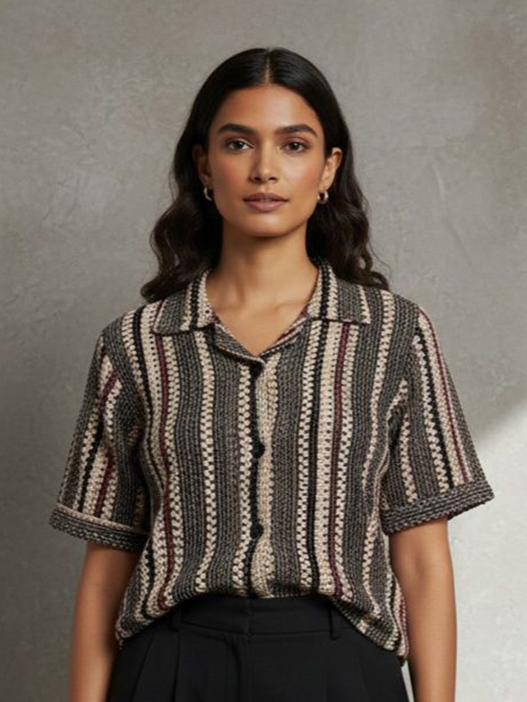 R.Code by The Roadster Life Co. Vertical Stripes Knitted Cotton Casual Shirt