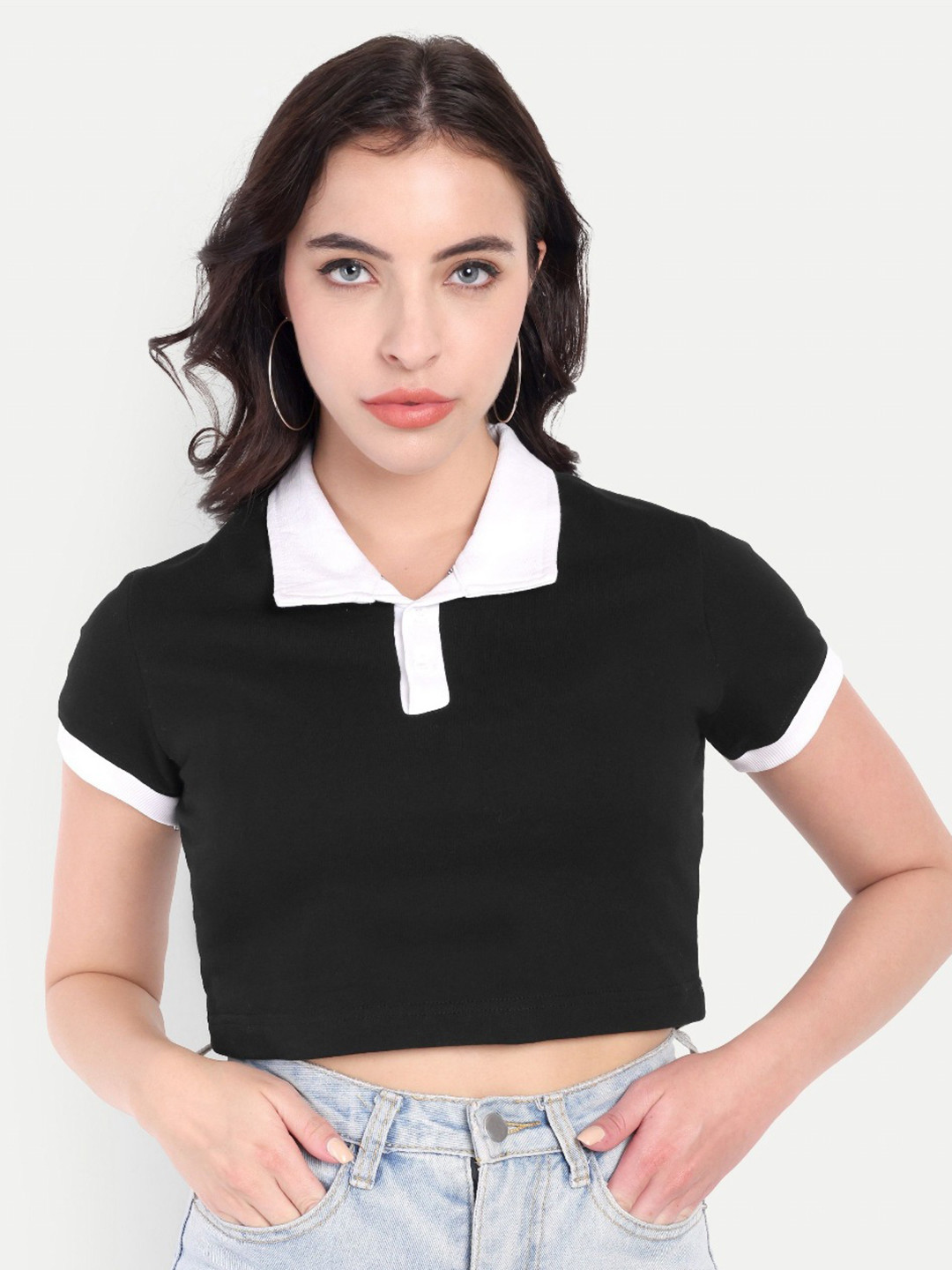 TEES HUB Women Solid Polo Collar Pure Cotton Boxy T-shirt