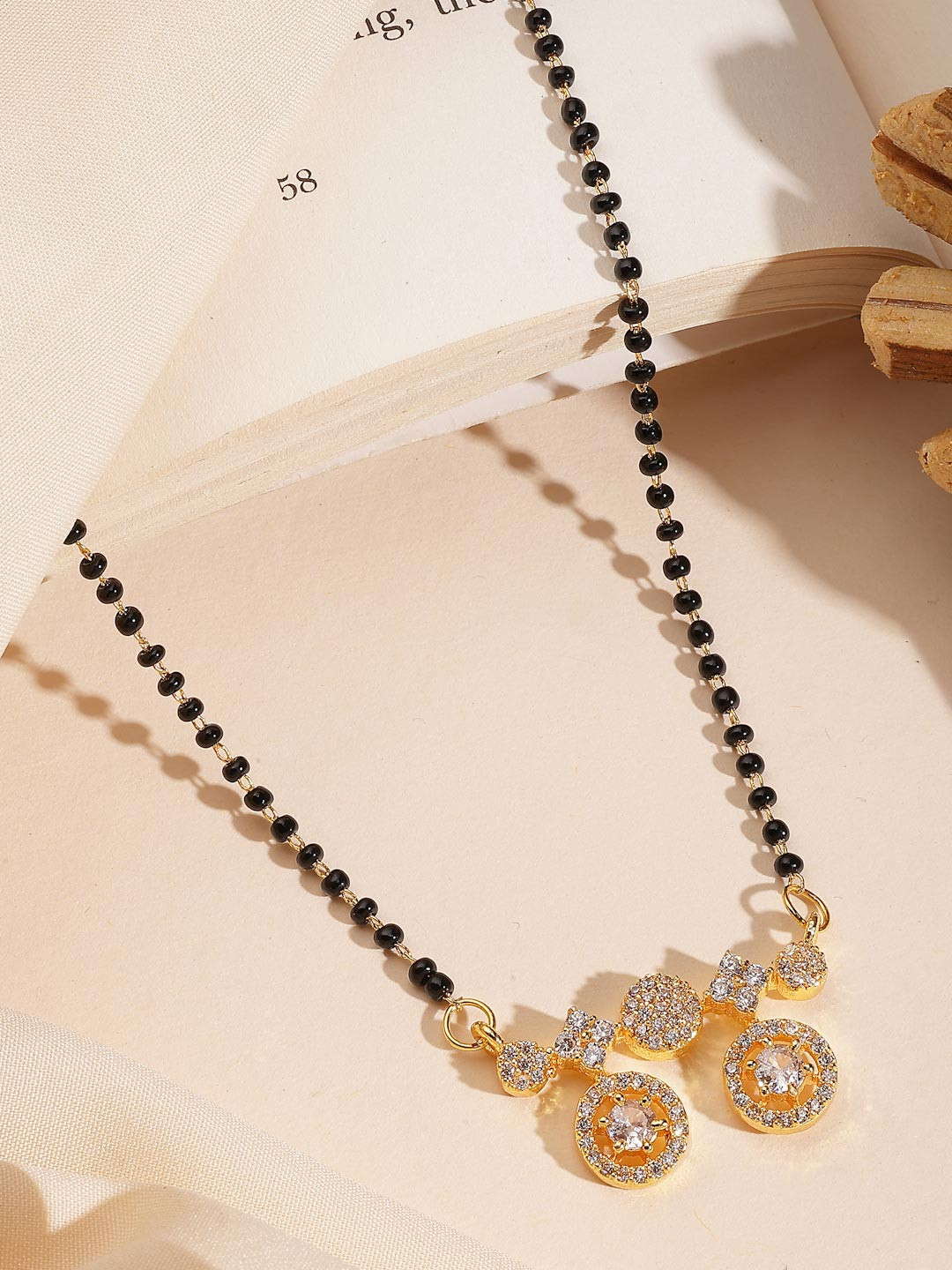 ADIVA 18K Gold-Plated American Diamond Studded & Beaded Mangalsutra