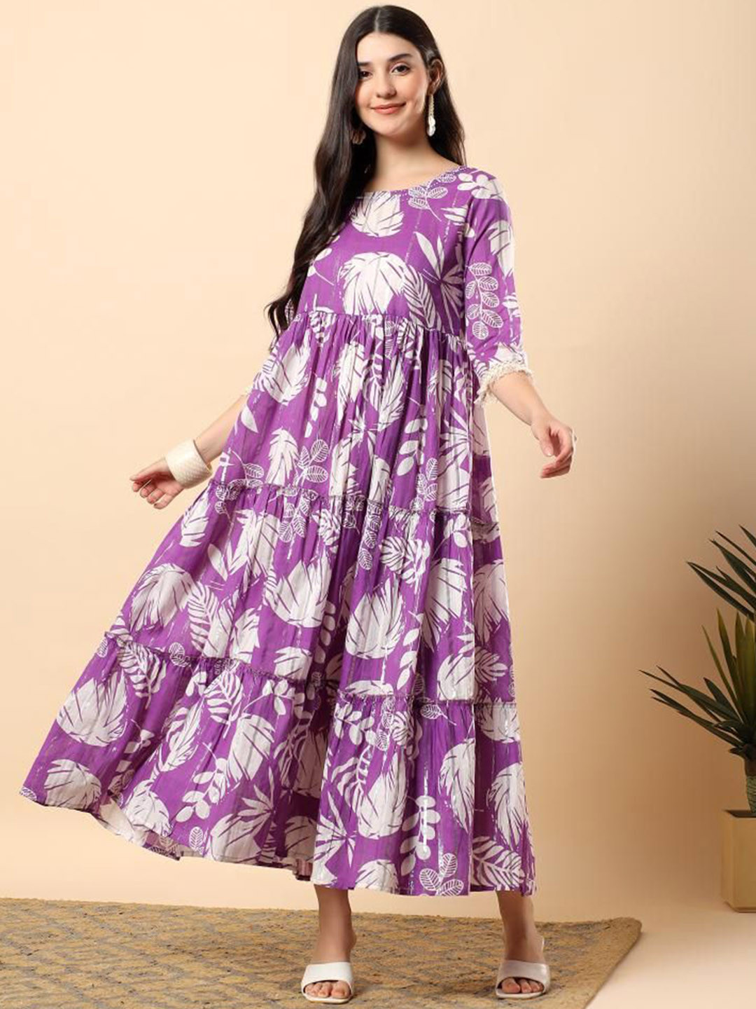 aayusika Women's Tropical Printed Cotton Flared Maxi Dress