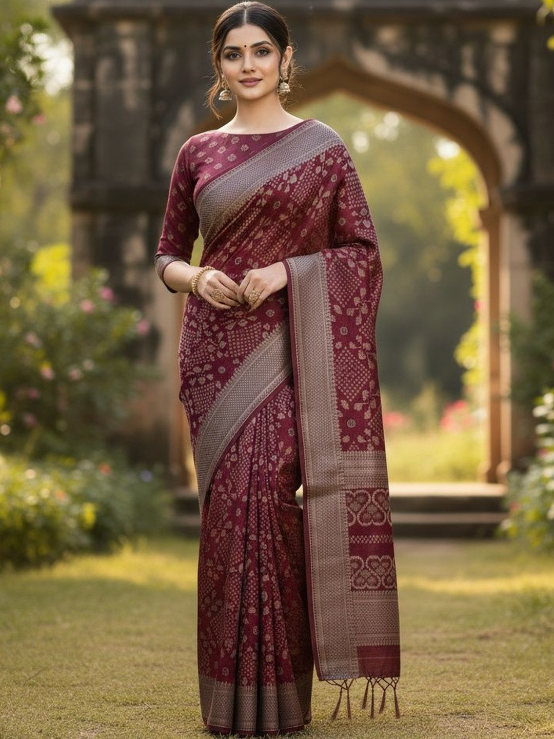 Peachmode Women Maroon Ikkat Printed Cotton Silk Saree with Unstitched Blouse Piece