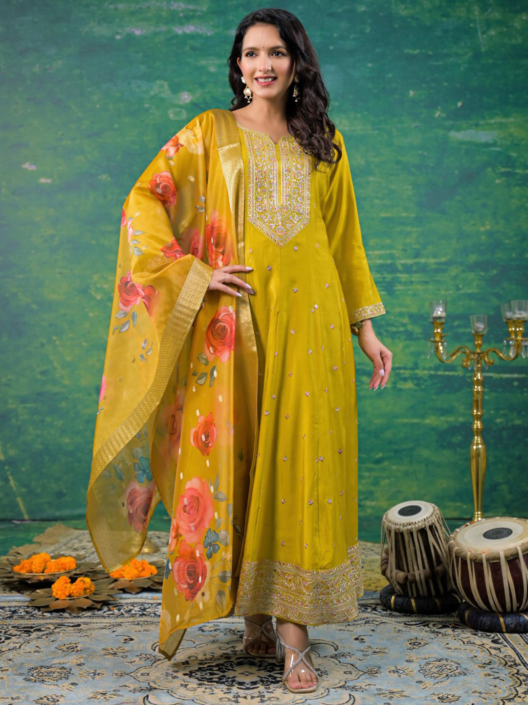 AUTUMN LANE Women Chanderi Cotton Floral Embroidered Kurta Set With Trousers & Dupatta