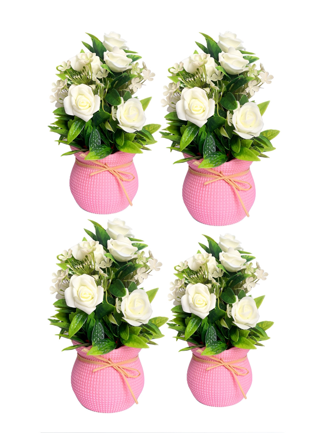 PROKART White & Green 4 Pieces Rose Artificial Flowers With Pot