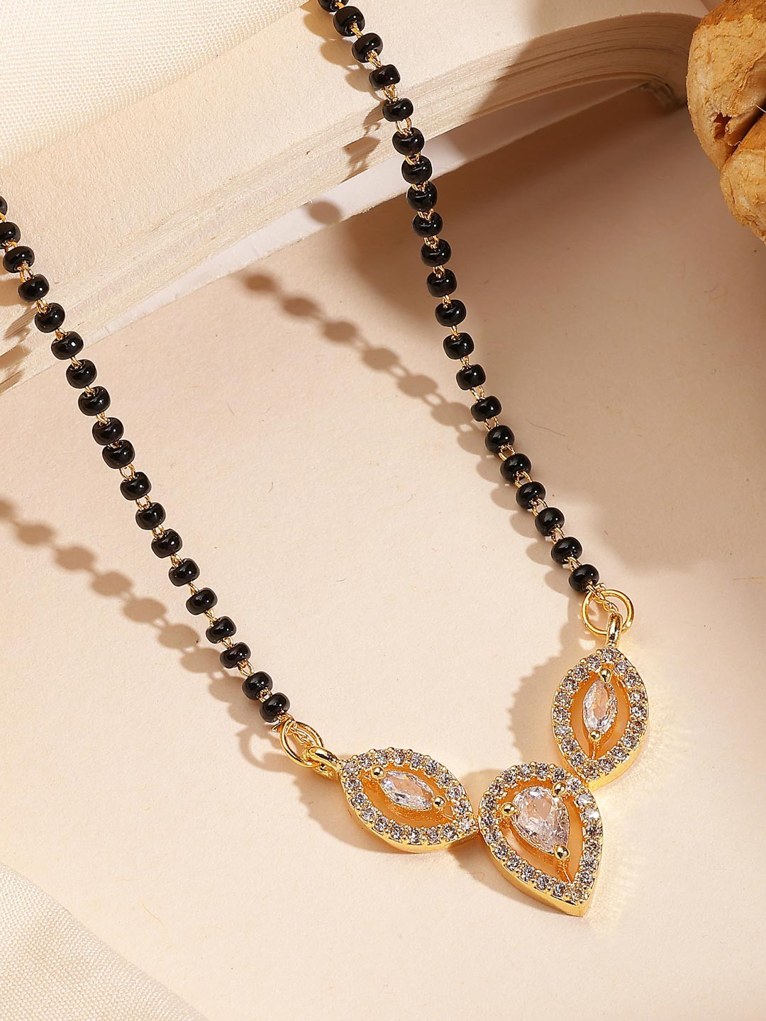 ADIVA 18K Gold-Plated American Diamond Studded & Beaded Mangalsutra